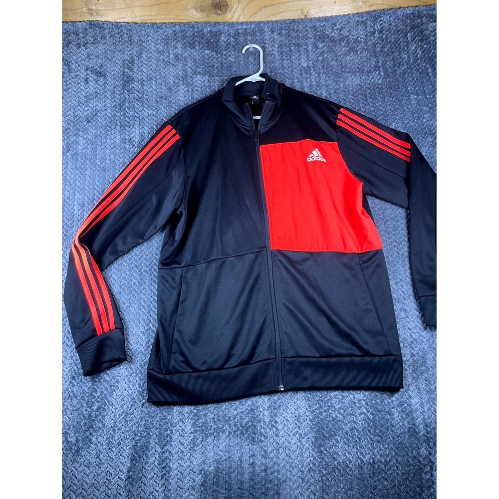 Adidas Track Jacket Mens XL Black Red Full Zip 3 Stripe Athletic Mock Neck